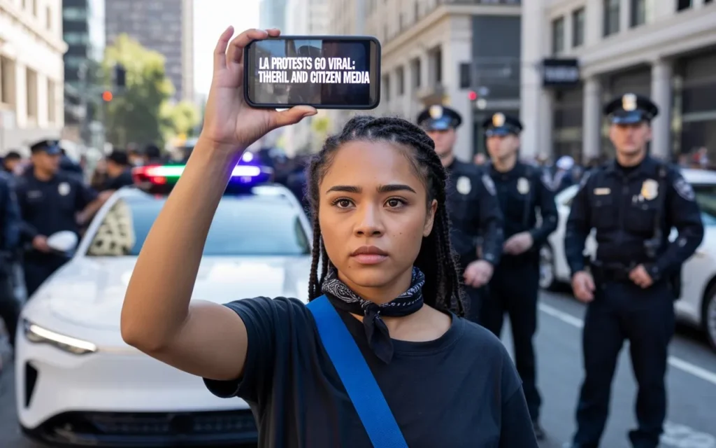 A realistic image of a young protester live-streaming with a smartphone, Waymo car and officers in the background. Title text overlay: “LA Protests Go Viral: The Power and Peril of Citizen Media”