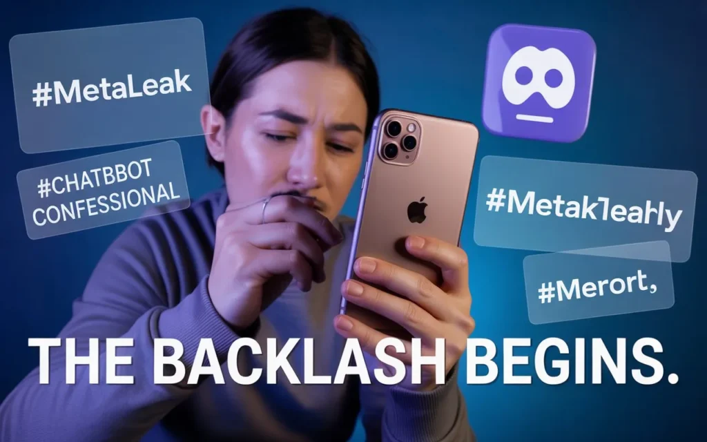 A person deleting Meta apps from their phone, visibly upset. In the background, trending hashtags float above: #MetaLeak, #ChatbotConfessional. Typography overlay: “The Backlash Begins.”