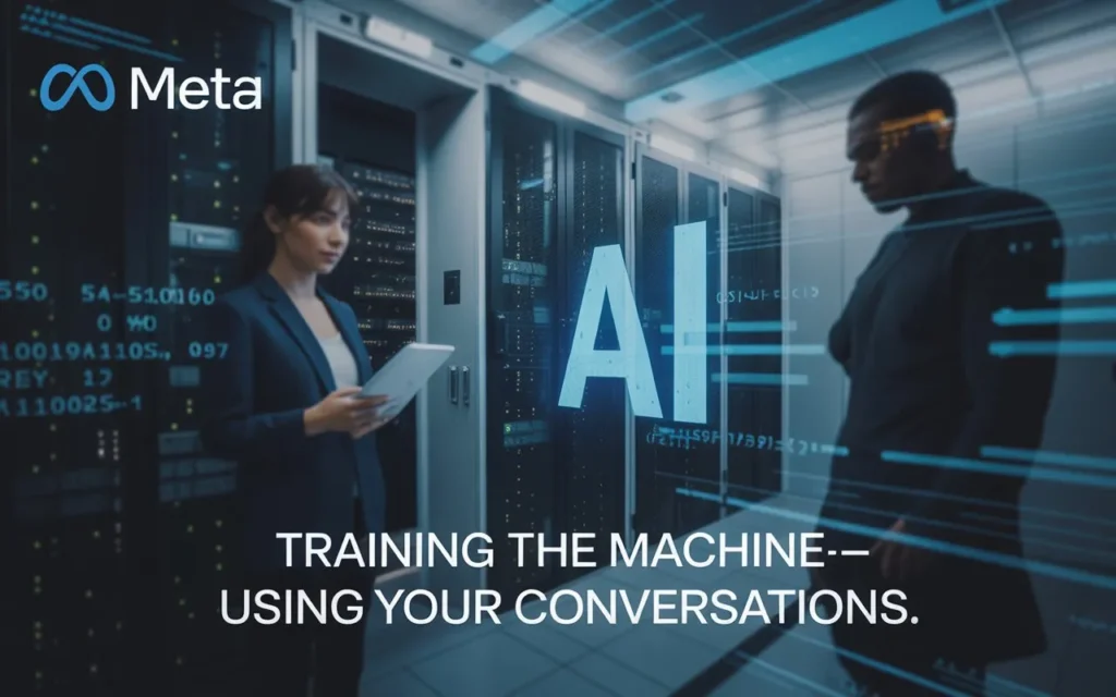 A high-tech server room with a Meta logo, AI code streaming in the background, and human silhouettes blurred. Overlay: “Training the Machine—Using Your Conversations.”