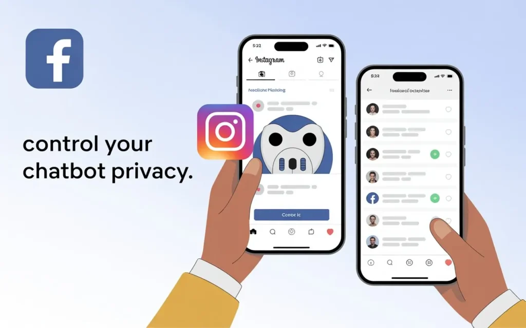 A user adjusting privacy settings on Instagram and Facebook apps. Overlay: “Control Your Chatbot Privacy.”