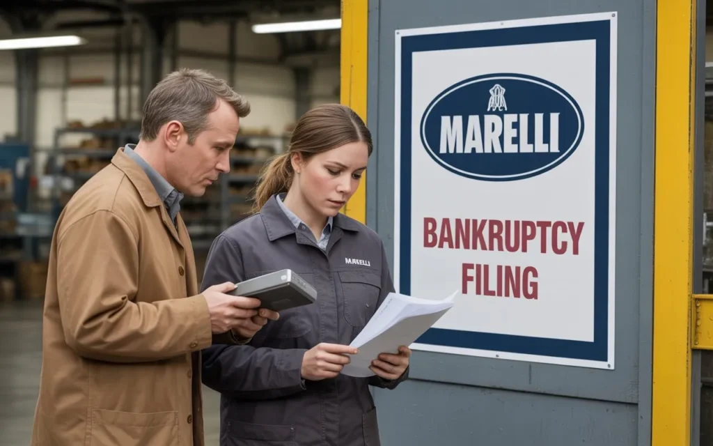 “Realistic photo of concerned factory workers reading a posted notice with the Marelli logo and ‘Bankruptcy Filing’ in bold red.”