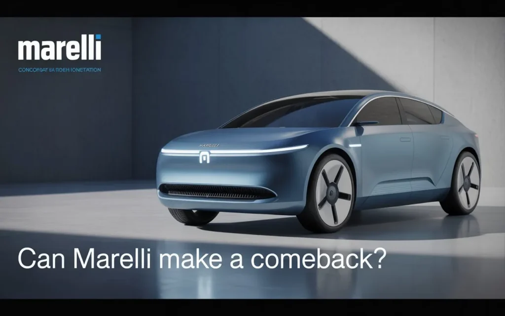 “Corporate strategy presentation scene with a futuristic Marelli EV concept on screen and headline text: ‘Can Marelli Make a Comeback?’”