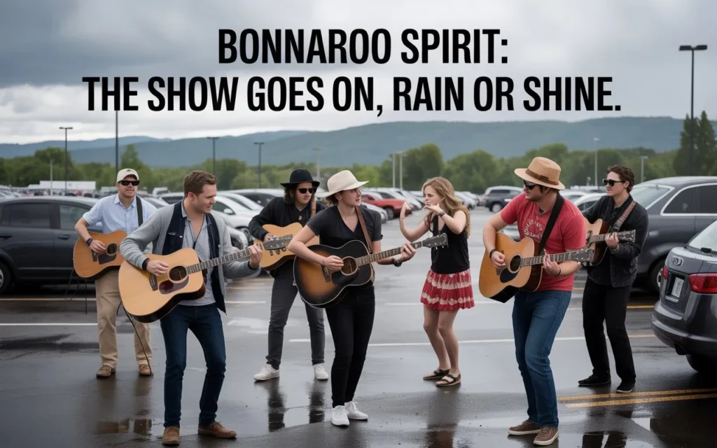 : “Bonnaroo Spirit: The Show Goes On, Rain or Shine.”