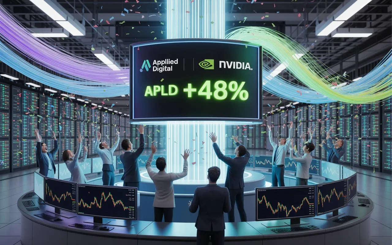 A futuristic digital stock market trading floor with glowing LED tickers showing "APLD +48%" in bright green. In the center, a large screen displays the logos of Applied Digital (APLD), Nvidia, and CoreWeave, connected by glowing data lines. A sleek AI data center looms in the background—filled with glowing server racks and fiber optics—symbolizing the deal's high-tech nature. Traders celebrate as confetti falls, while graphs spike upward on multiple monitors. The overall mood is high-energy, modern, and optimistic, with a tech-finance fusion aesthetic.