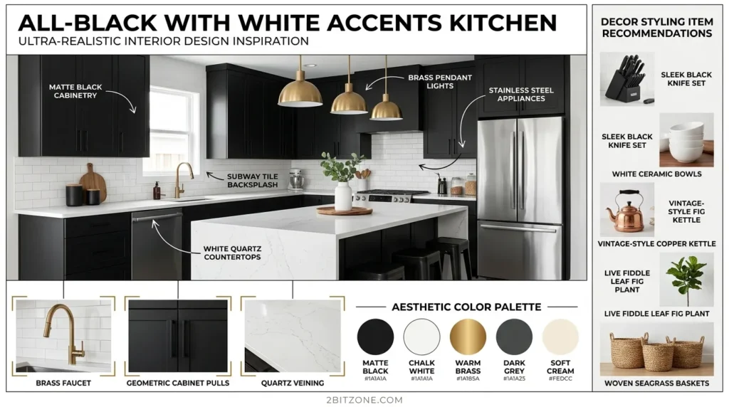 All Black With White Accents Kitchen