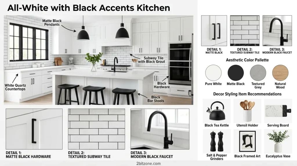 All White With Black Accents Kitchen