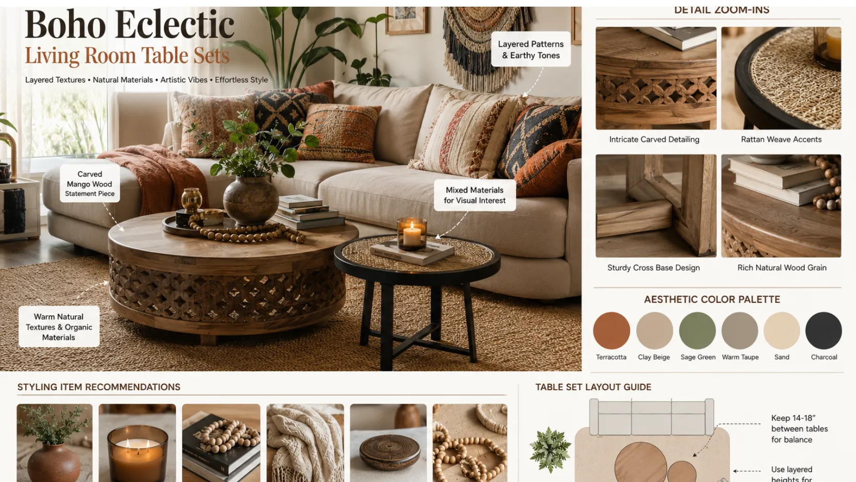 Boho Eclectic Living Room Table Sets