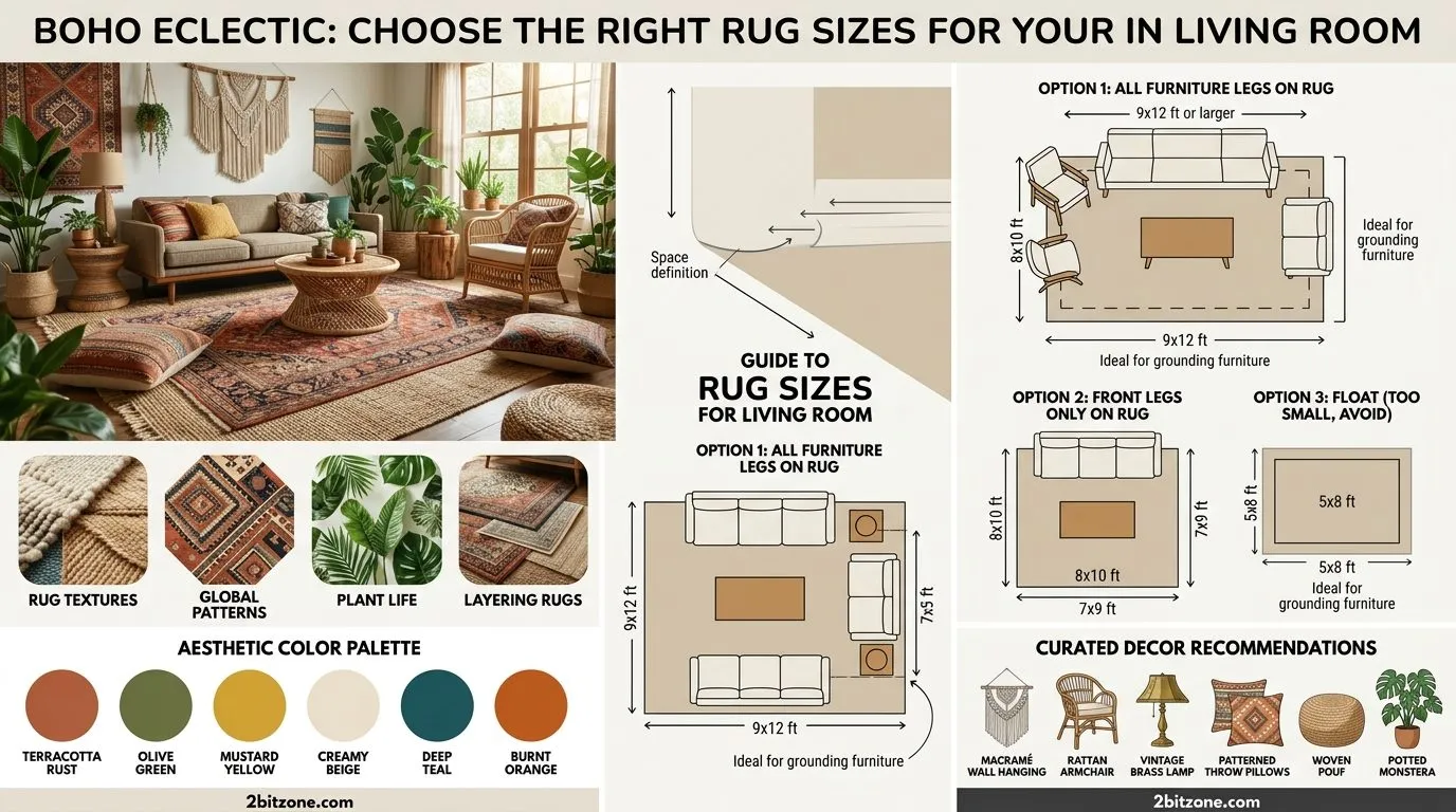 Boho Eclectic Rug Sizes For Living Room