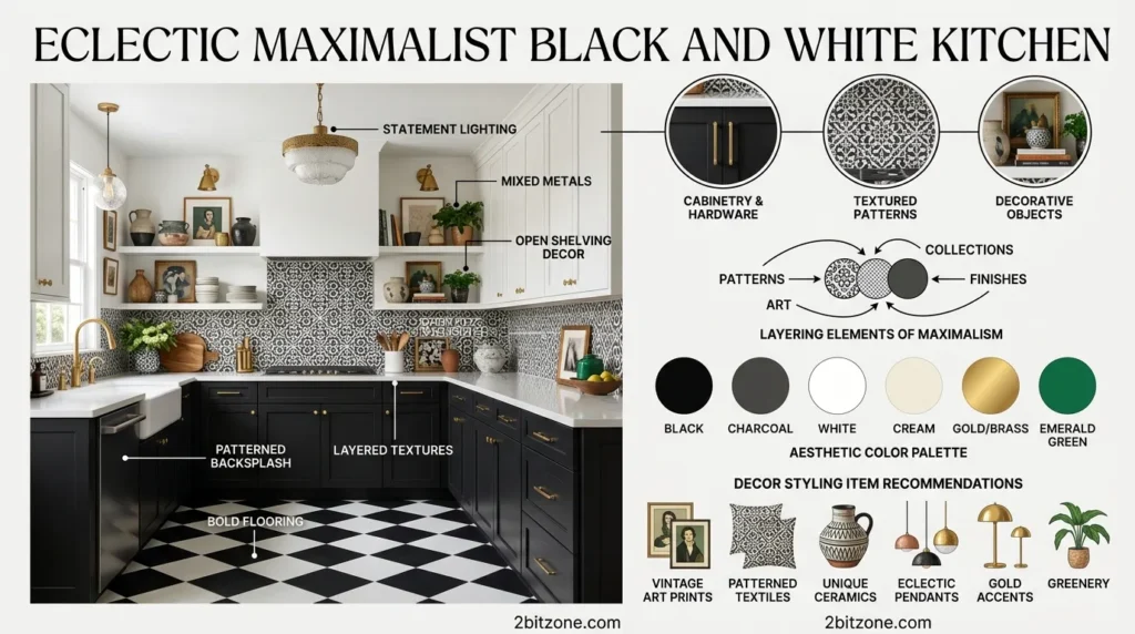 Eclectic Maximalist Black And White Kitchen