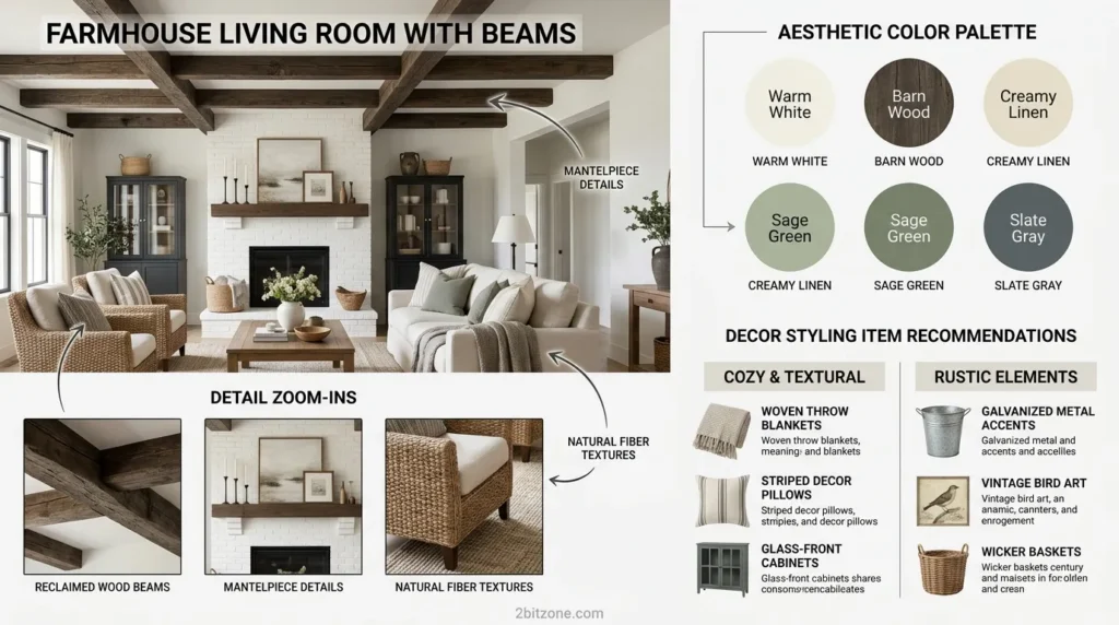 Farmhouse Living Room With Beams 2
