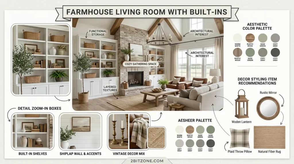 Farmhouse Living Room With Built Ins