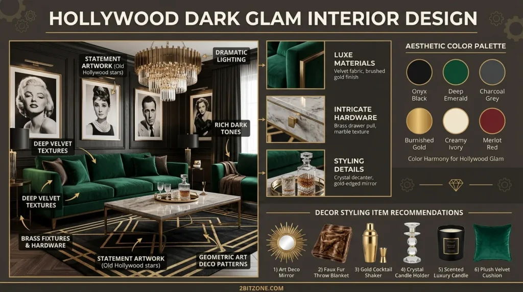 Hollywood Dark Glam romantic master bedroom decor