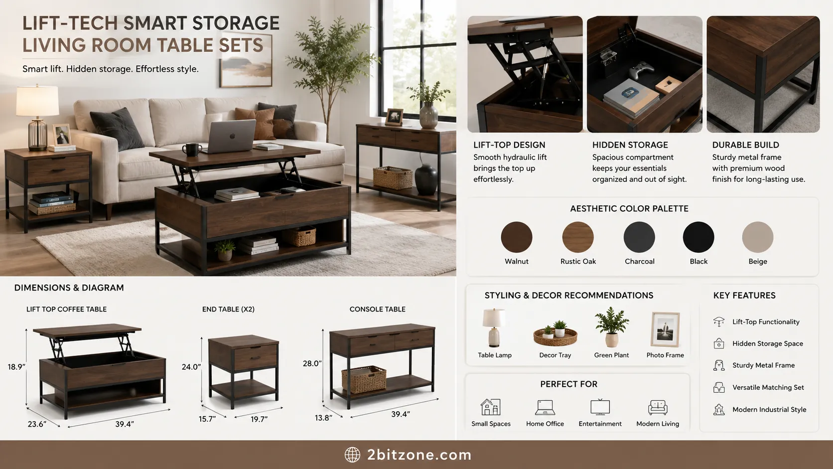 Lift Tech Smart Storage Living Room Table Sets
