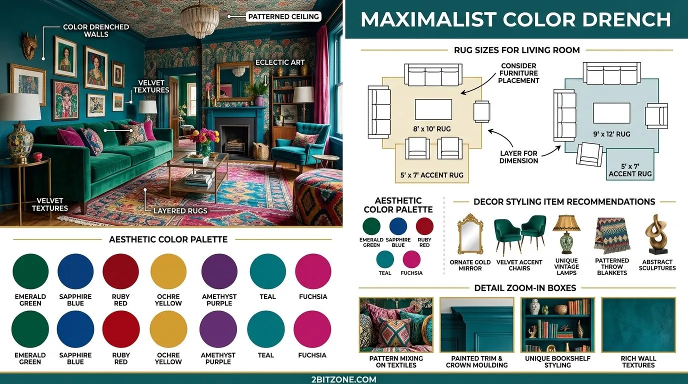Maximalist Color Drench Rug Sizes For Living Room