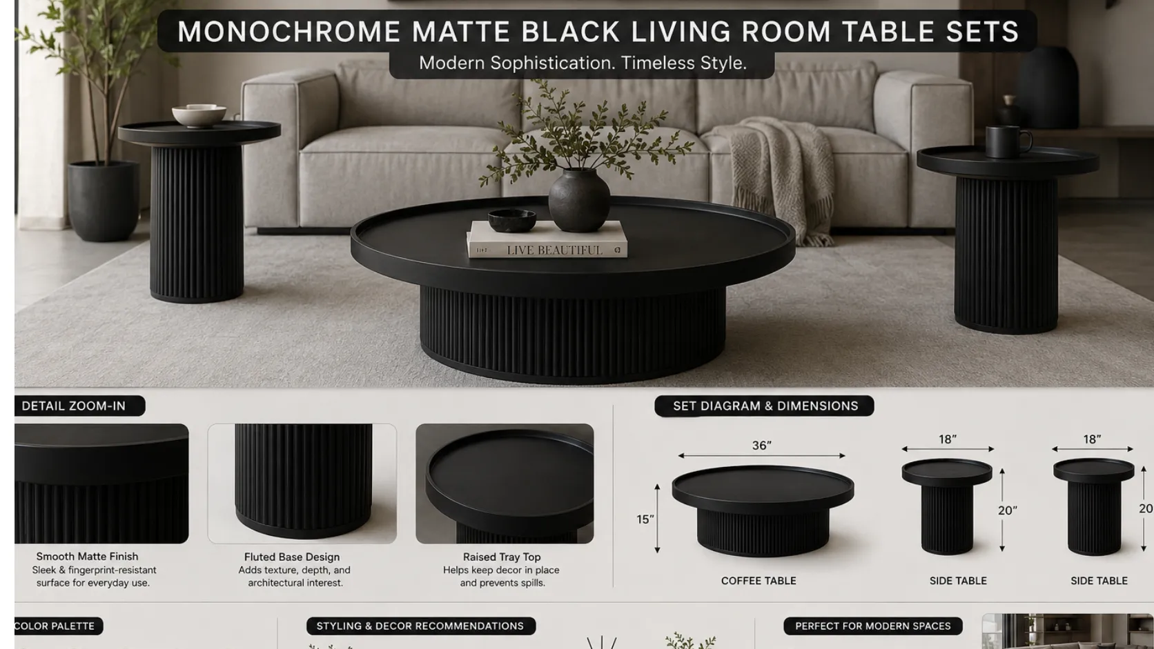 Monochrome Matte Black Living Room Table Sets