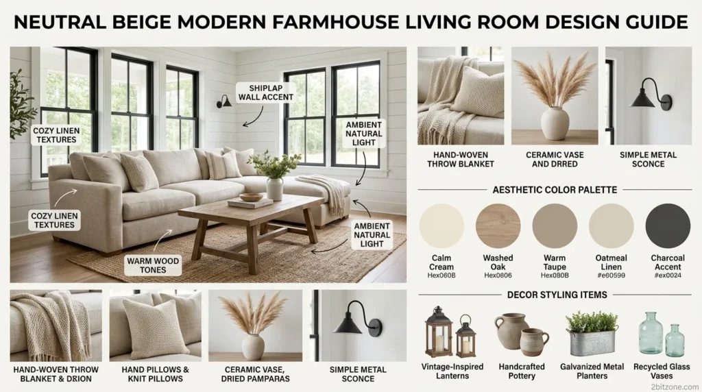 Neutral Beige Modern Farmhouse Living Room