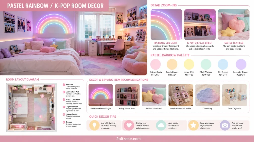 Pastel Rainbow K Pop teen bedroom decor