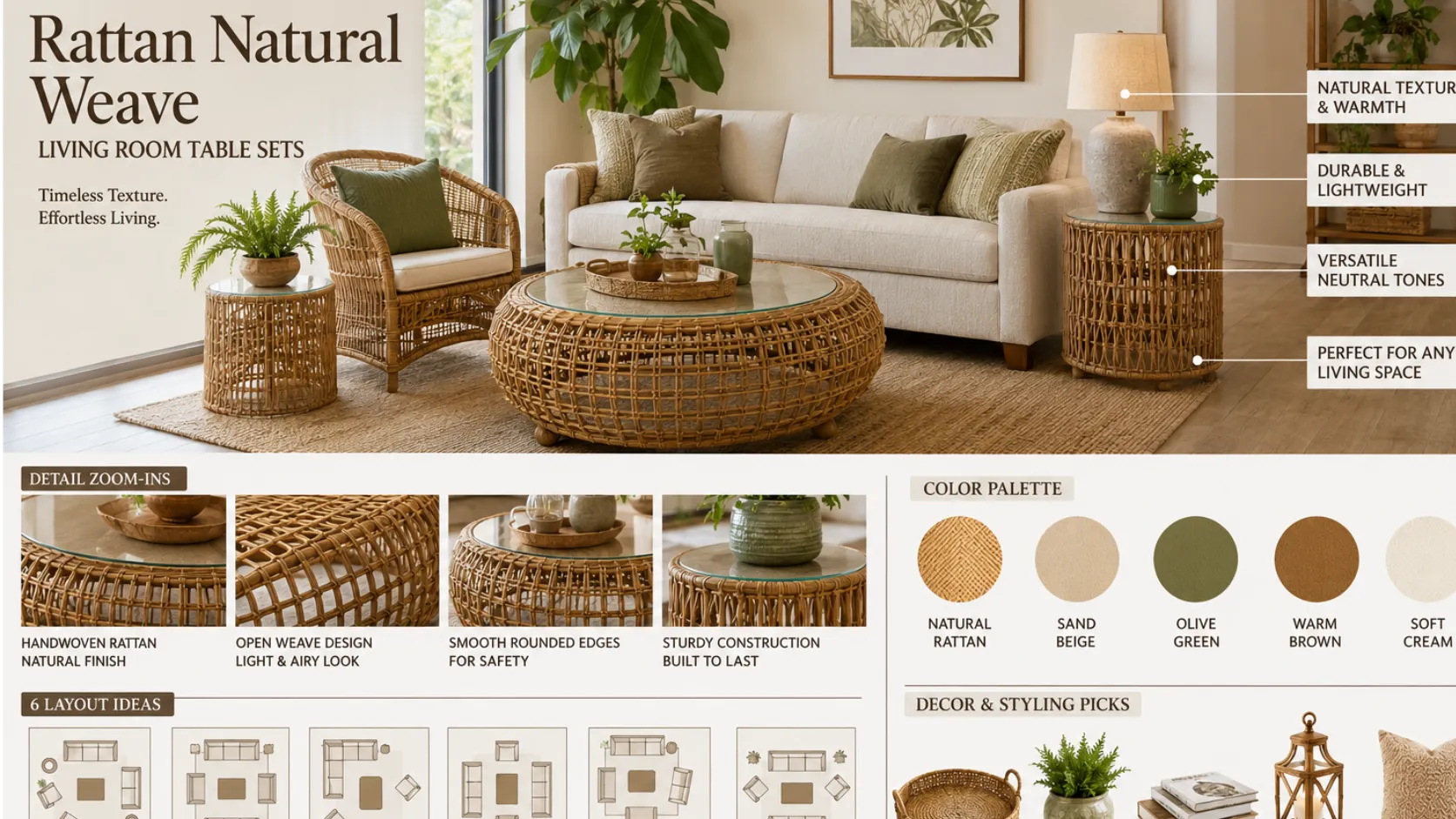 Rattan Natural Weave Living Room Table Sets