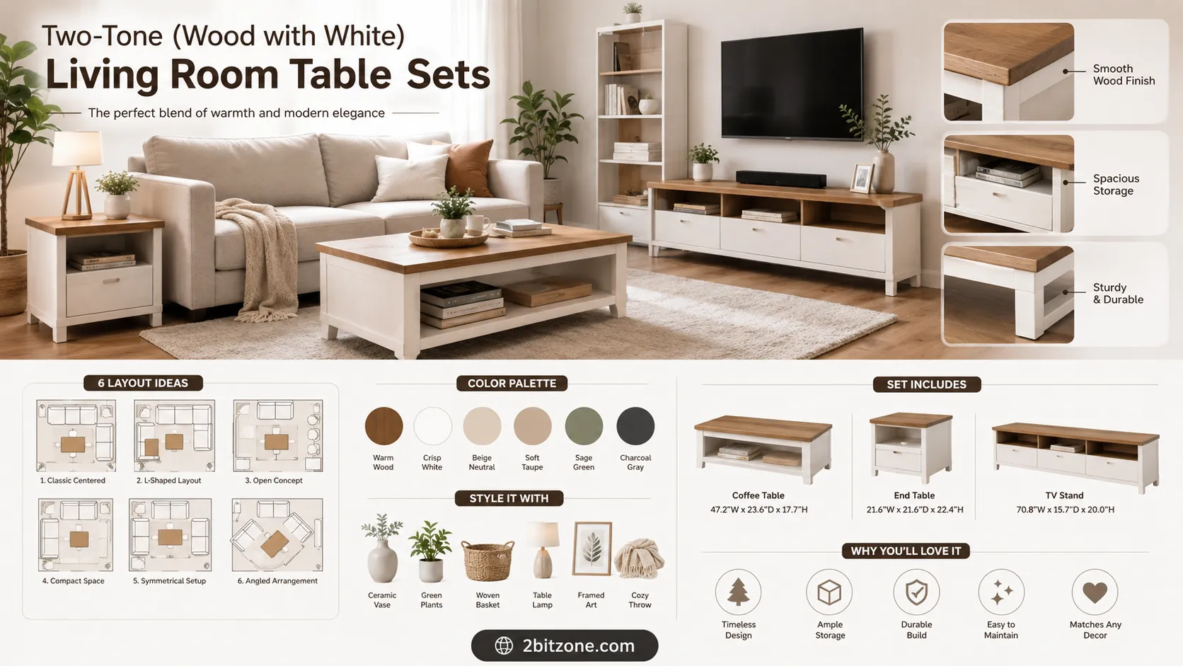 Two Tone Wood With White Living Room Table Sets