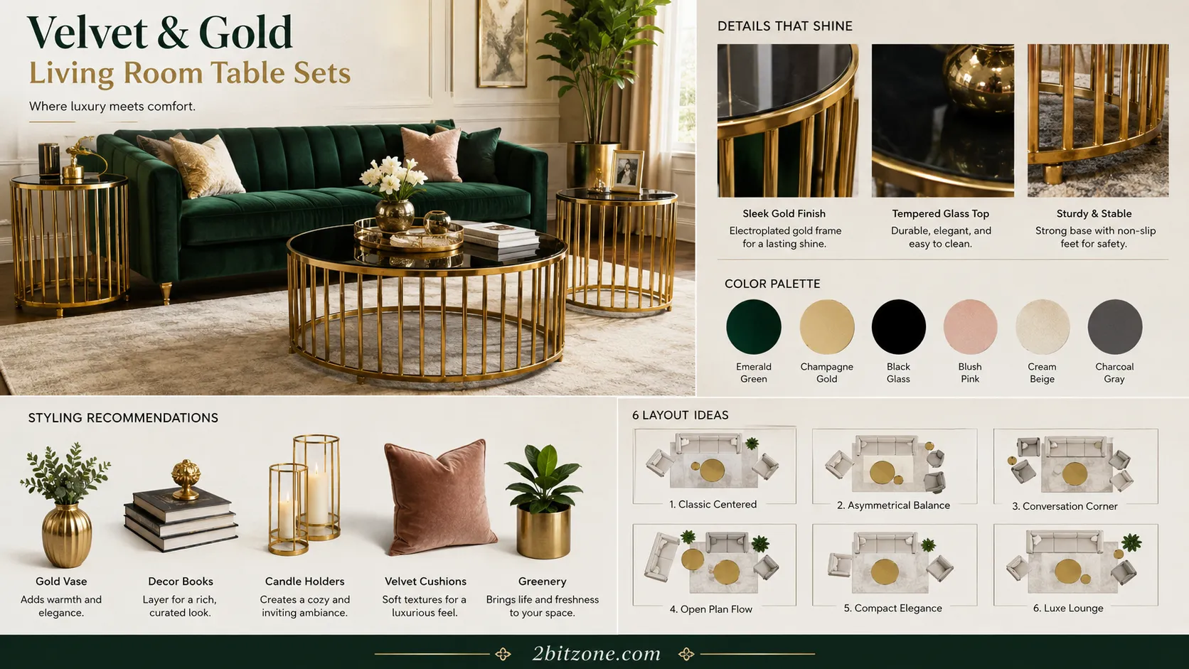 Velvet Gold Living Room Table Sets