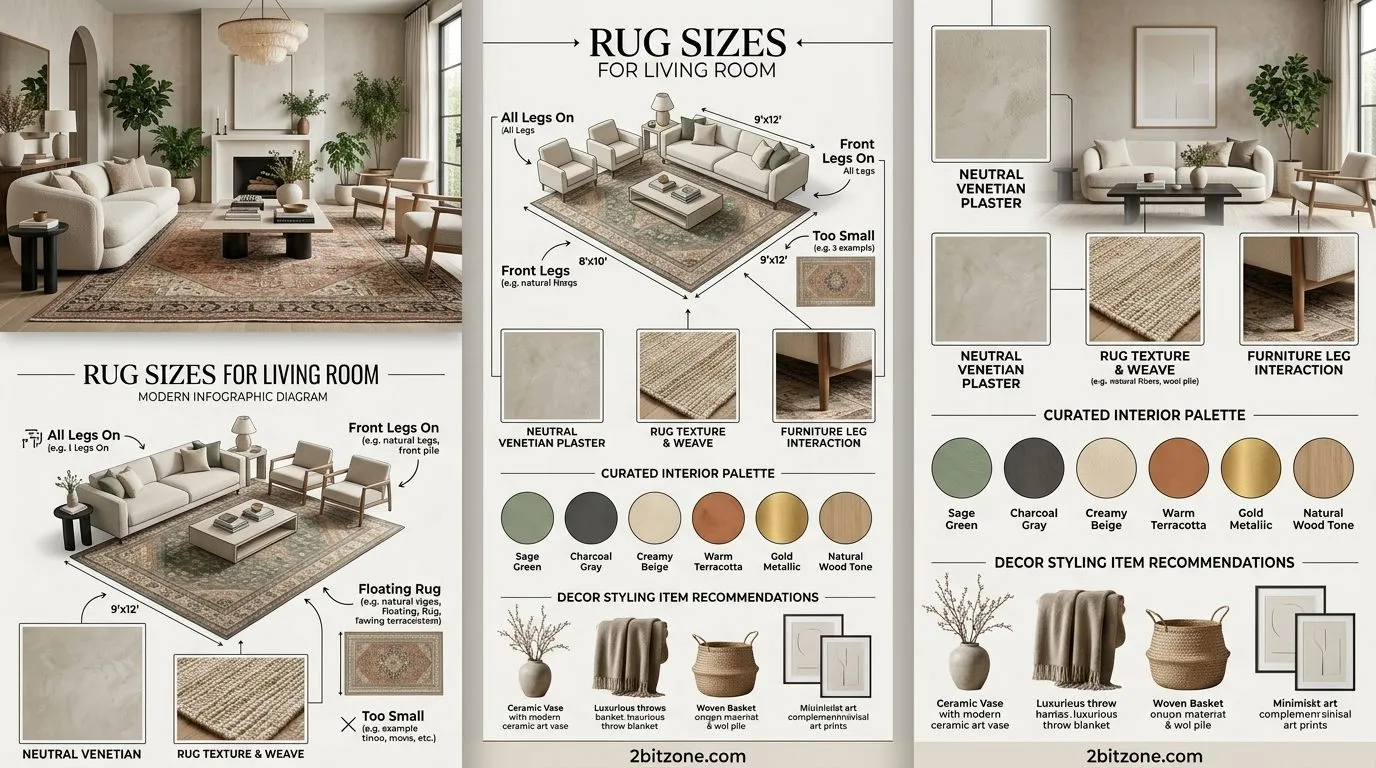 Venetian Plaster Neutral Rug Sizes For Living Room
