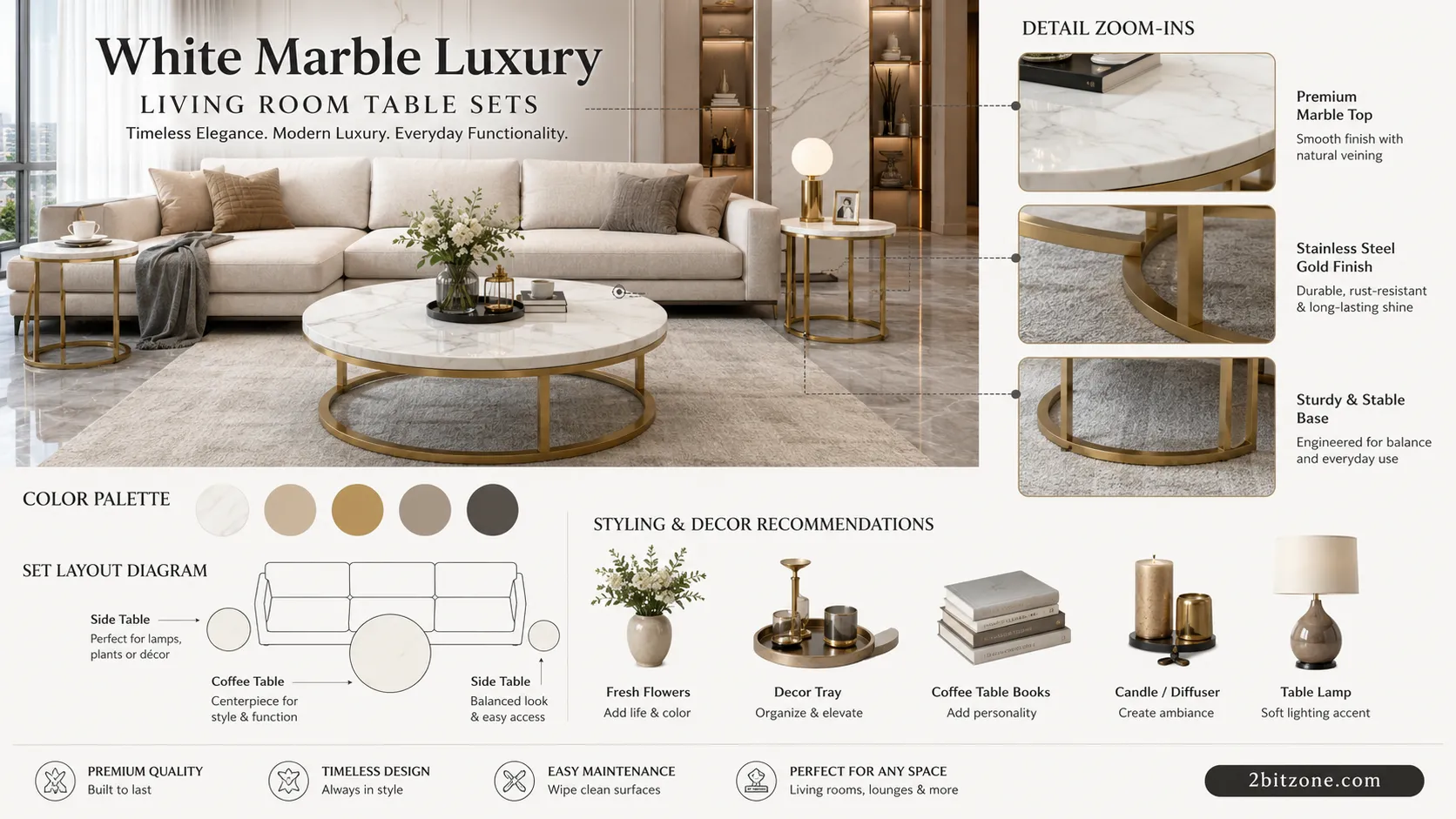 White Marble Luxury Living Room Table Sets